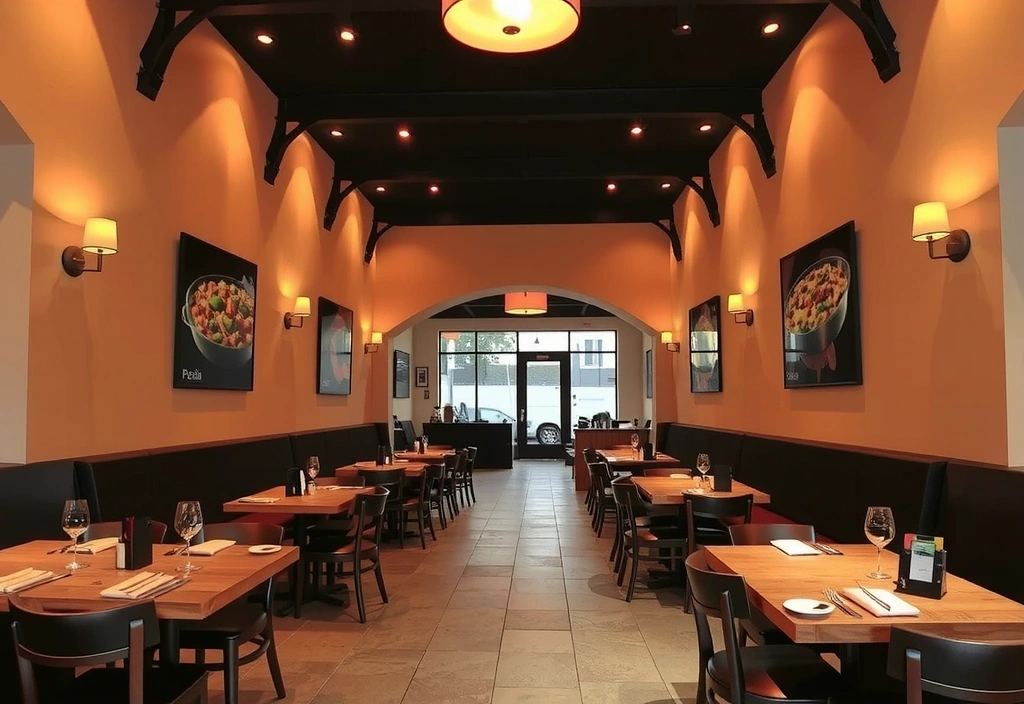 Interior de un restaurante moderno y acogedor con tonos cálidos y detalles mediterráneos, mesas listas para los comensales.