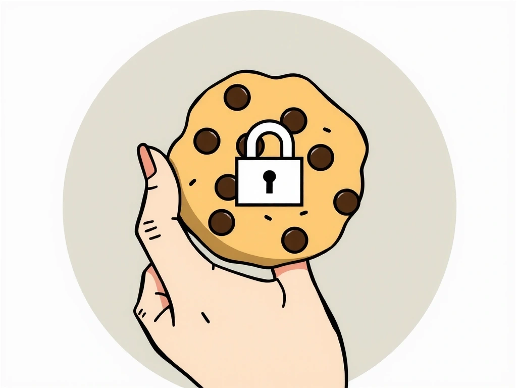 Ilustración de una mano sosteniendo una galleta con chips de chocolate y un icono de candado, simbolizando la privacidad de las cookies.