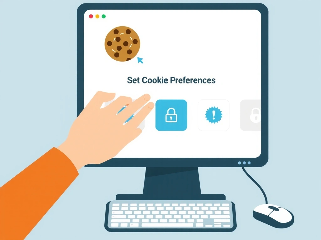Ilustración de una persona configurando las preferencias de cookies en una pantalla de ordenador, con iconos de engranajes y opciones de privacidad.